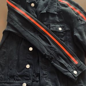 Pacsun Blk Jean Jacket W/ Red Stripe (Pre-ripped)
